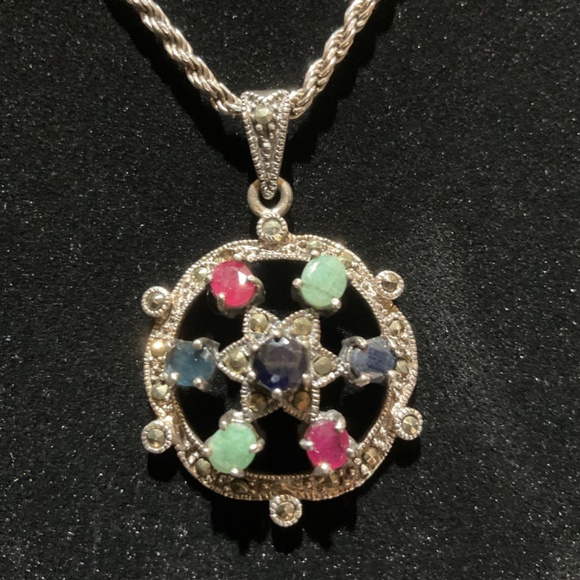 🌺 Vintage 925 Emerald Sapphire & Ruby Marcasite Pendant with 925 Rope Chain - Picture 3 of 13
